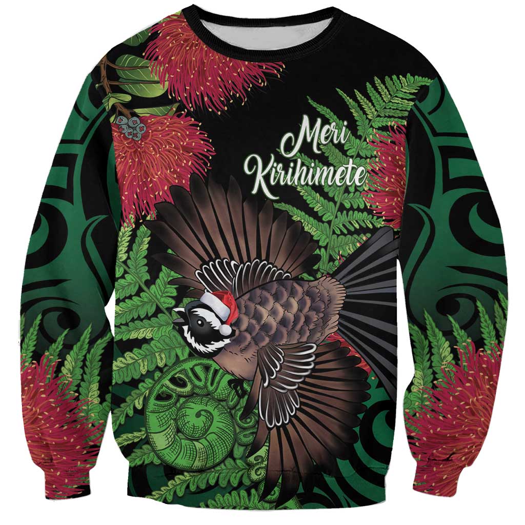 Meri Kirihimete New Zealand Sweatshirt Piwakawaka Koru Fern Mix Pohutukawa LT14 Unisex Black - Polynesian Pride