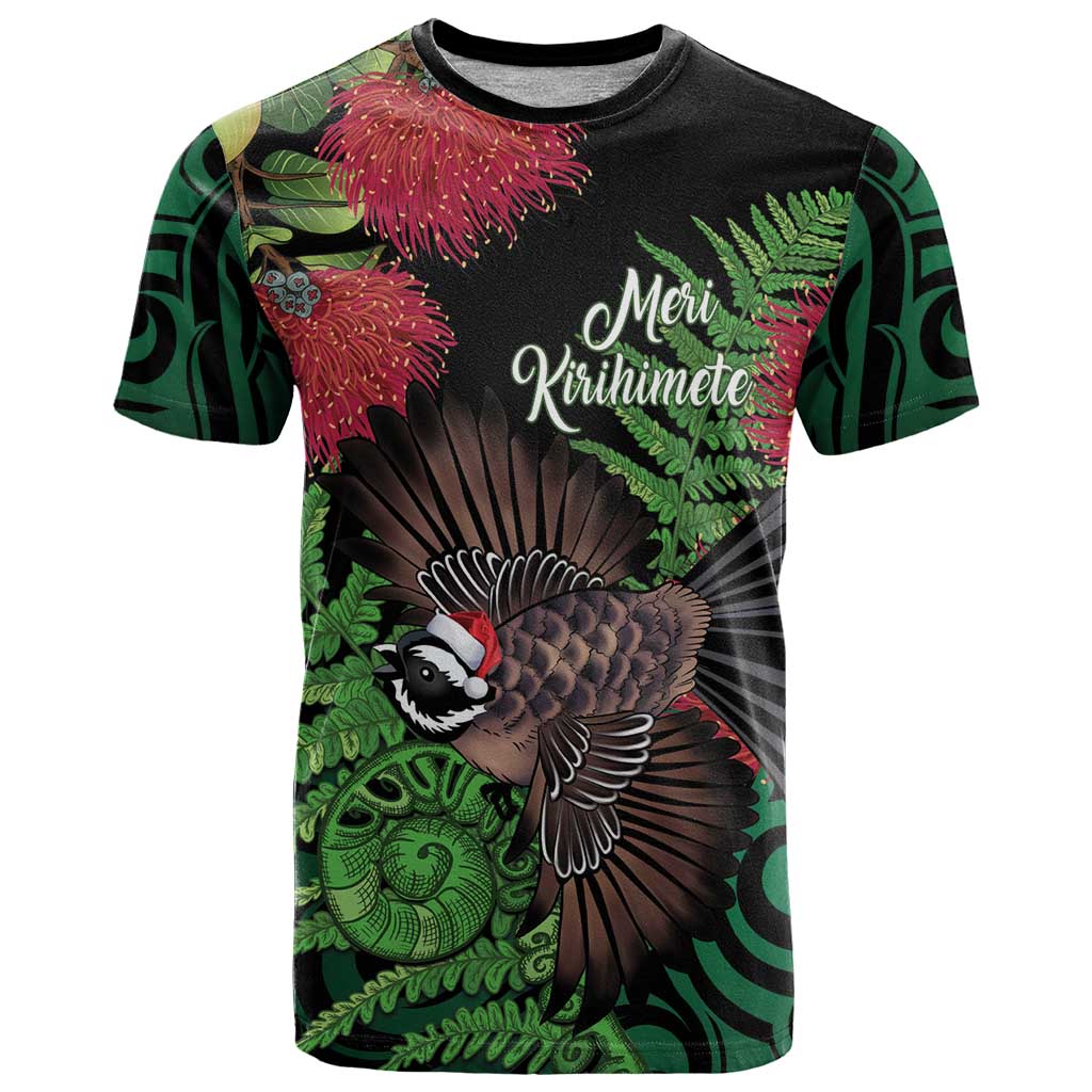 Meri Kirihimete New Zealand T Shirt Piwakawaka Koru Fern Mix Pohutukawa LT14 Black - Polynesian Pride