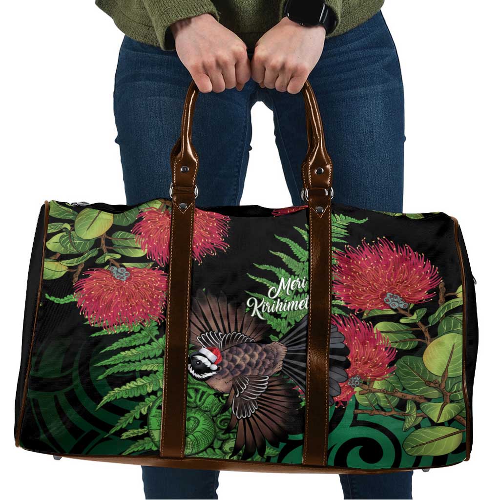 Meri Kirihimete New Zealand Travel Bag Piwakawaka Koru Fern Mix Pohutukawa LT14 Black - Polynesian Pride