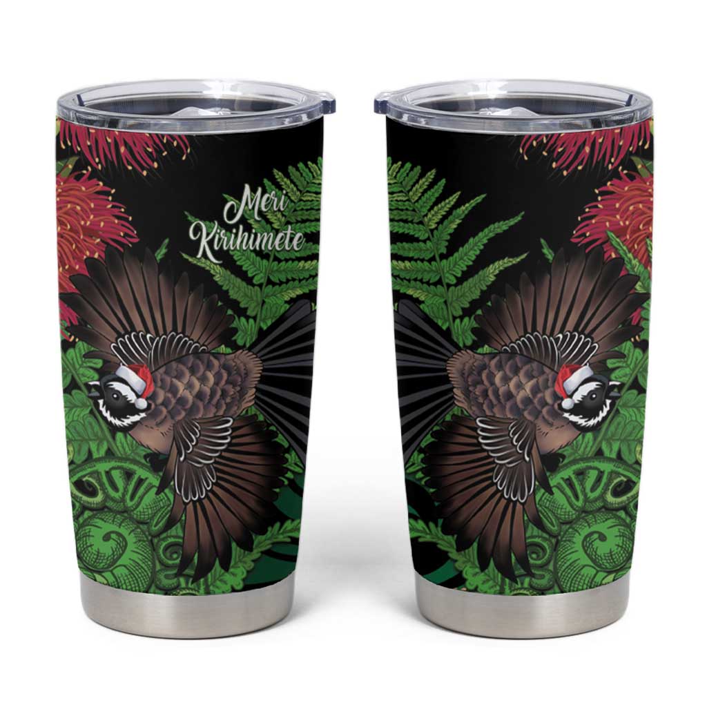 Meri Kirihimete New Zealand Tumbler Cup Piwakawaka Koru Fern Mix Pohutukawa LT14 Black - Polynesian Pride