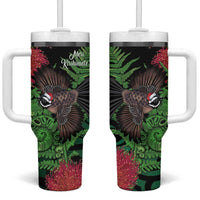 Meri Kirihimete New Zealand Tumbler With Handle Piwakawaka Koru Fern Mix Pohutukawa LT14 One Size: 40 oz Black - Polynesian Pride