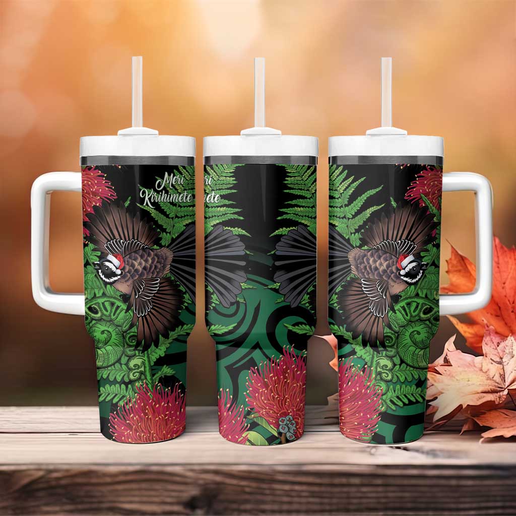 Meri Kirihimete New Zealand Tumbler With Handle Piwakawaka Koru Fern Mix Pohutukawa LT14 - Polynesian Pride