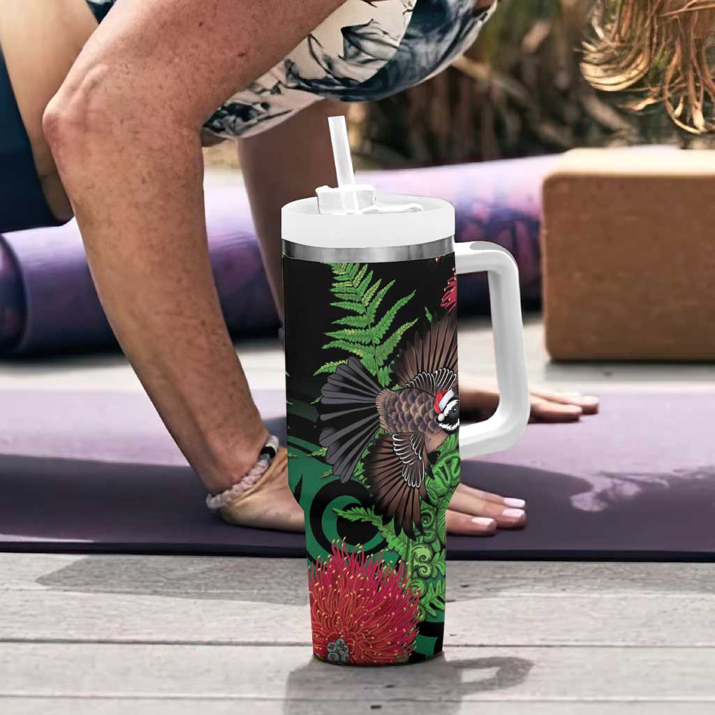 Meri Kirihimete New Zealand Tumbler With Handle Piwakawaka Koru Fern Mix Pohutukawa LT14 - Polynesian Pride