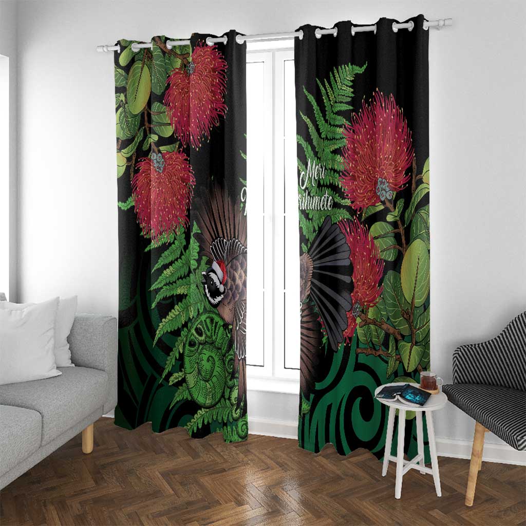 Meri Kirihimete New Zealand Window Curtain Piwakawaka Koru Fern Mix Pohutukawa LT14 With Grommets Black - Polynesian Pride