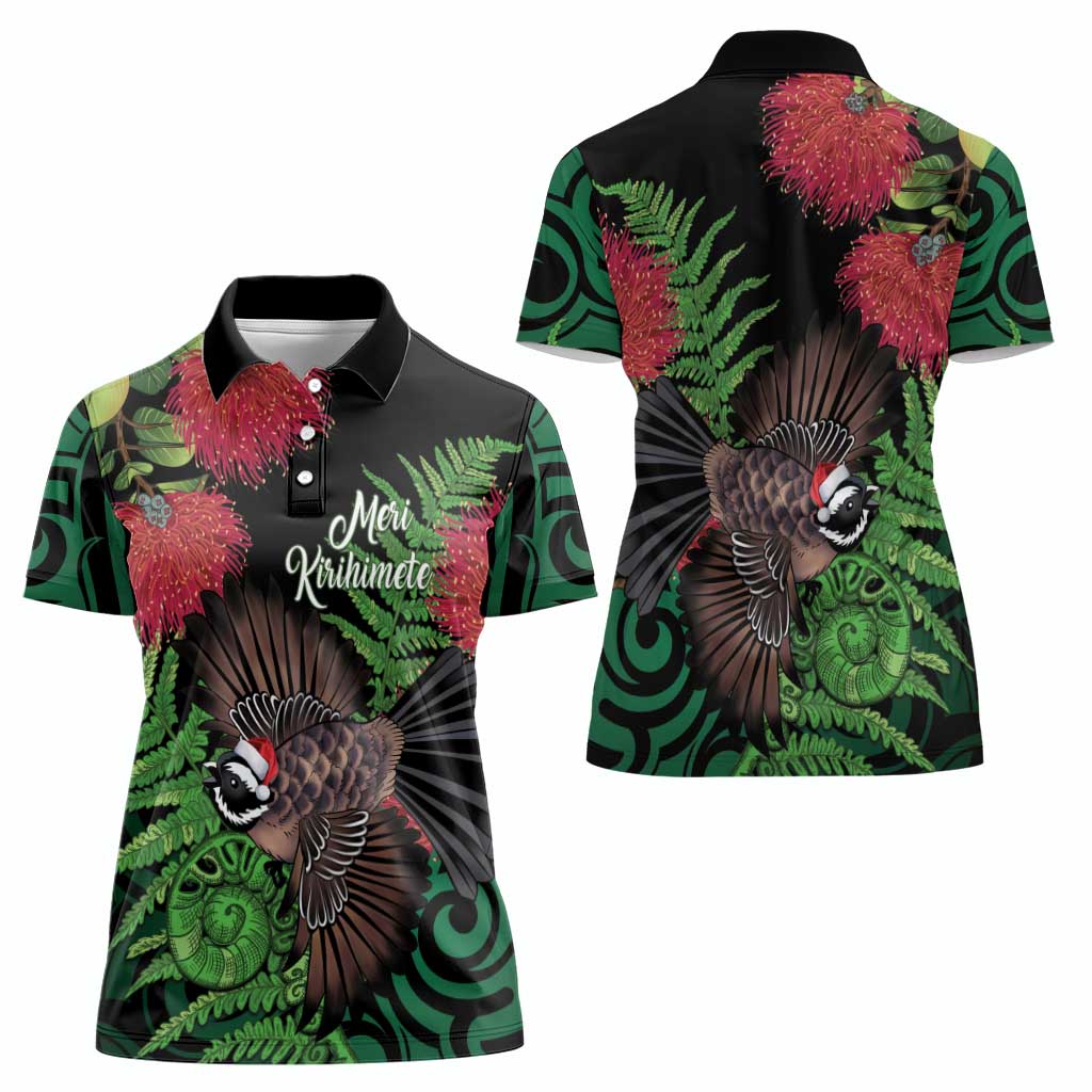 Meri Kirihimete New Zealand Women Polo Shirt Piwakawaka Koru Fern Mix Pohutukawa - Polynesian Pride
