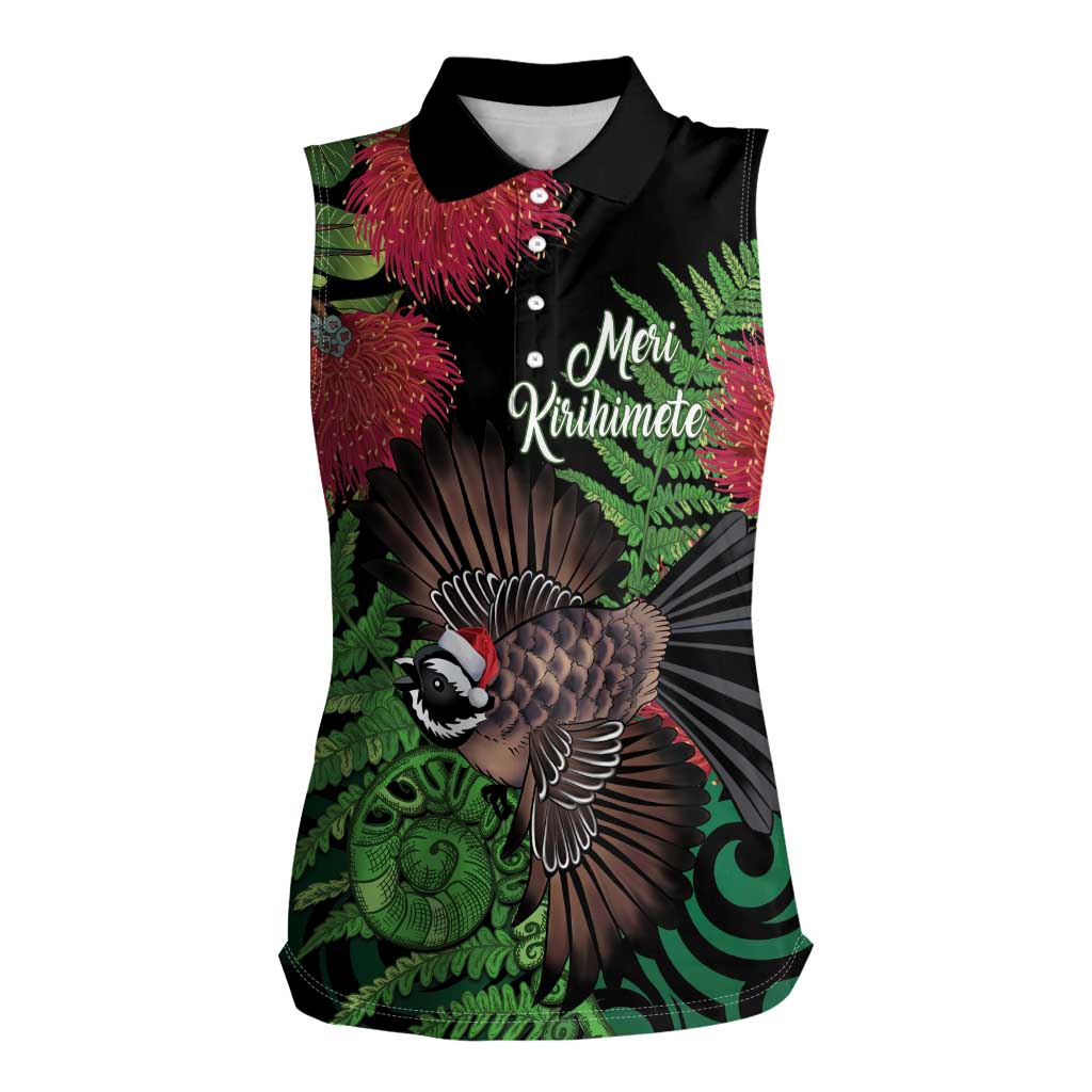 Meri Kirihimete New Zealand Women Sleeveless Polo Shirt Piwakawaka Koru Fern Mix Pohutukawa LT14 Female Black - Polynesian Pride