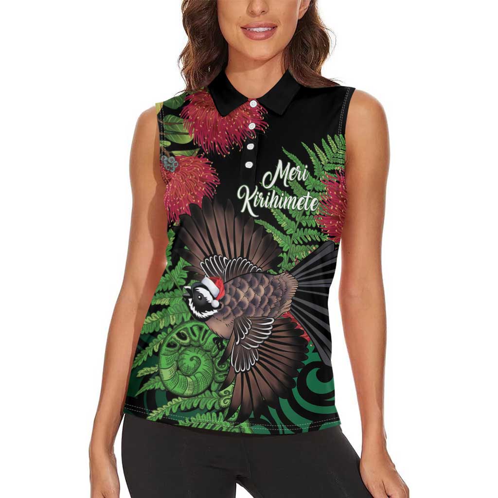 Meri Kirihimete New Zealand Women Sleeveless Polo Shirt Piwakawaka Koru Fern Mix Pohutukawa LT14 - Polynesian Pride