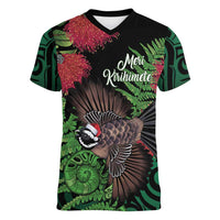 Meri Kirihimete New Zealand Women V-Neck T-Shirt Piwakawaka Koru Fern Mix Pohutukawa LT14 Female Black - Polynesian Pride