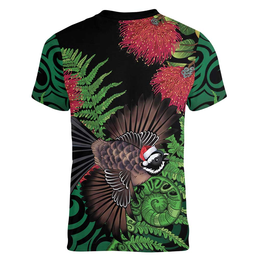 Meri Kirihimete New Zealand Women V-Neck T-Shirt Piwakawaka Koru Fern Mix Pohutukawa LT14 - Polynesian Pride