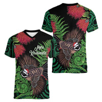 Meri Kirihimete New Zealand Women V-Neck T-Shirt Piwakawaka Koru Fern Mix Pohutukawa LT14 - Polynesian Pride