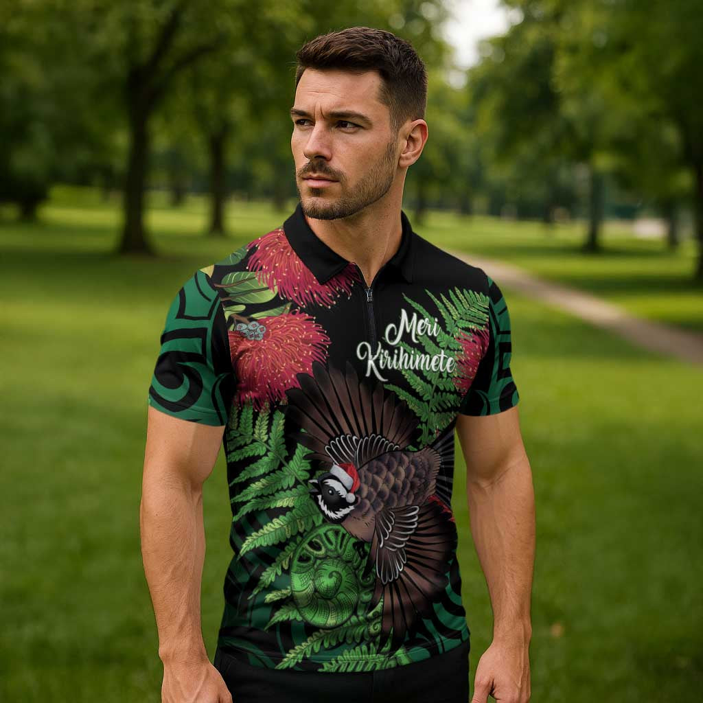 Meri Kirihimete New Zealand Zipper Polo Shirt Piwakawaka Koru Fern Mix Pohutukawa LT14 - Polynesian Pride