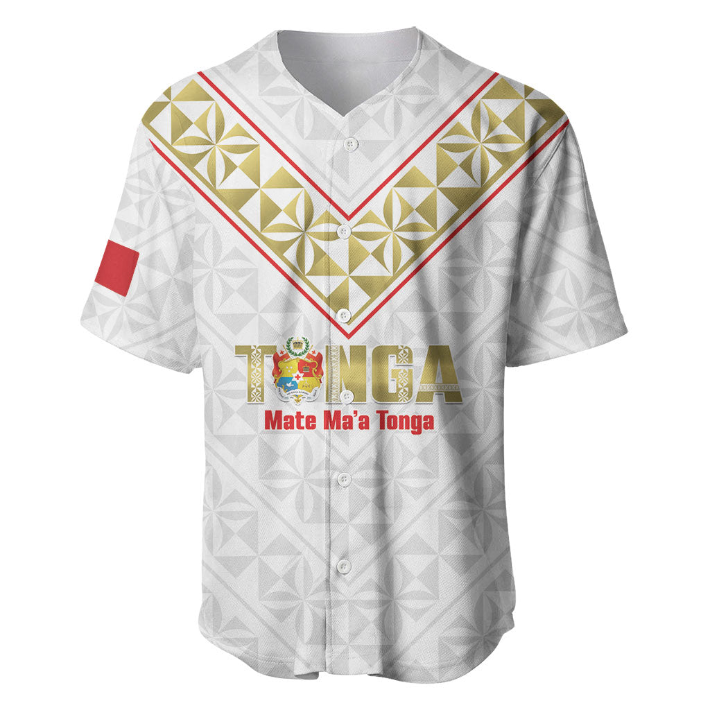 Mate Maa Tonga Rugby Custom Baseball Jersey 2026 Tongan Ngatu Pattern LT14 White - Polynesian Pride