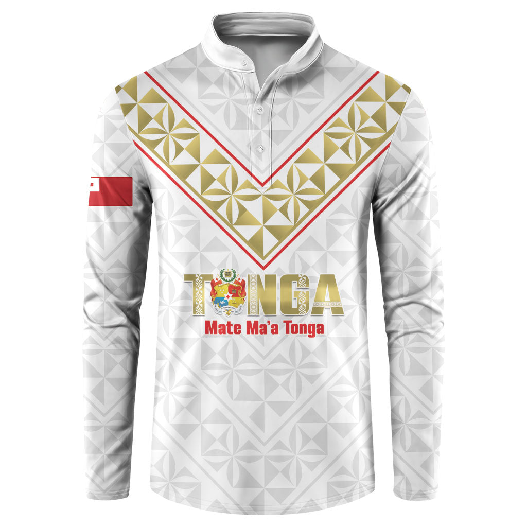 Mate Maa Tonga Rugby Custom Button Sweatshirt 2026 Tongan Ngatu Pattern LT14 White - Polynesian Pride