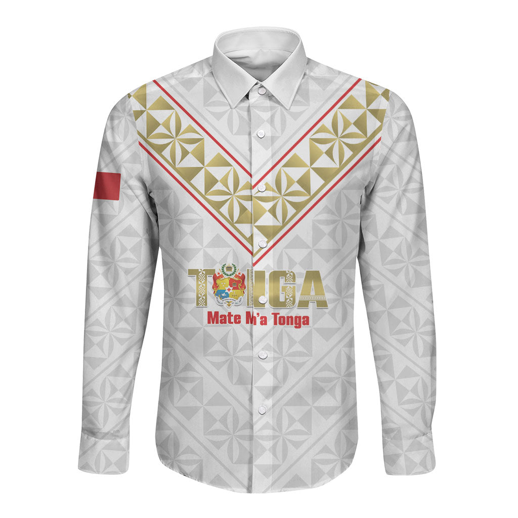 Mate Maa Tonga Rugby Custom Long Sleeve Button Shirt 2026 Tongan Ngatu Pattern LT14 Unisex White - Polynesian Pride