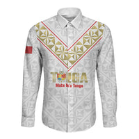 Mate Maa Tonga Rugby Custom Long Sleeve Button Shirt 2026 Tongan Ngatu Pattern LT14 Unisex White - Polynesian Pride