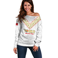 Mate Maa Tonga Rugby Custom Off Shoulder Sweater 2026 Tongan Ngatu Pattern LT14 Women White - Polynesian Pride