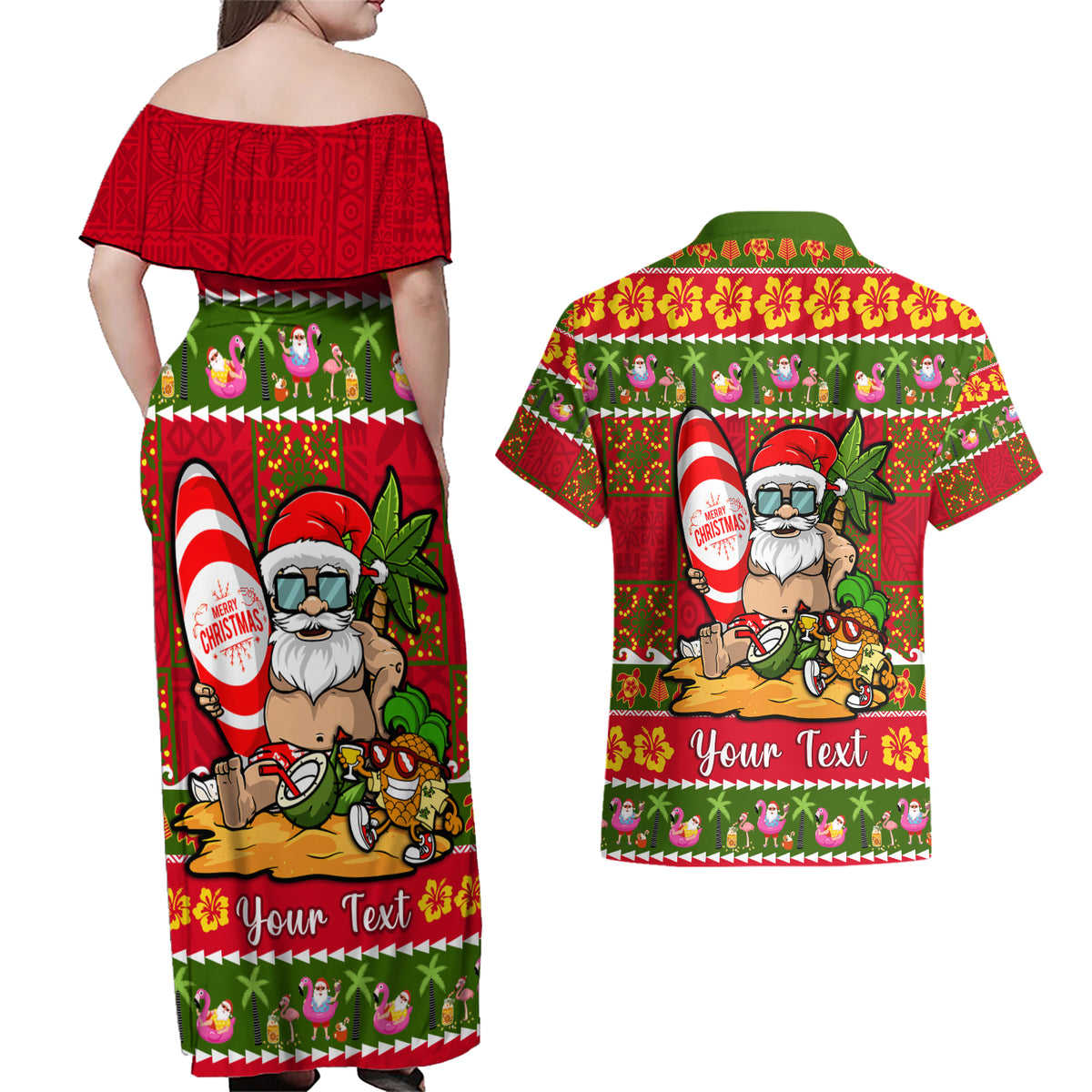 Personalised Hawaii Surfing Santa Christmas Couples Matching Off Shoulder Maxi Dress and Hawaiian Shirt Tropical Pineapple Mele Kalikimaka Quilt Pattern LT14 - Polynesian Pride