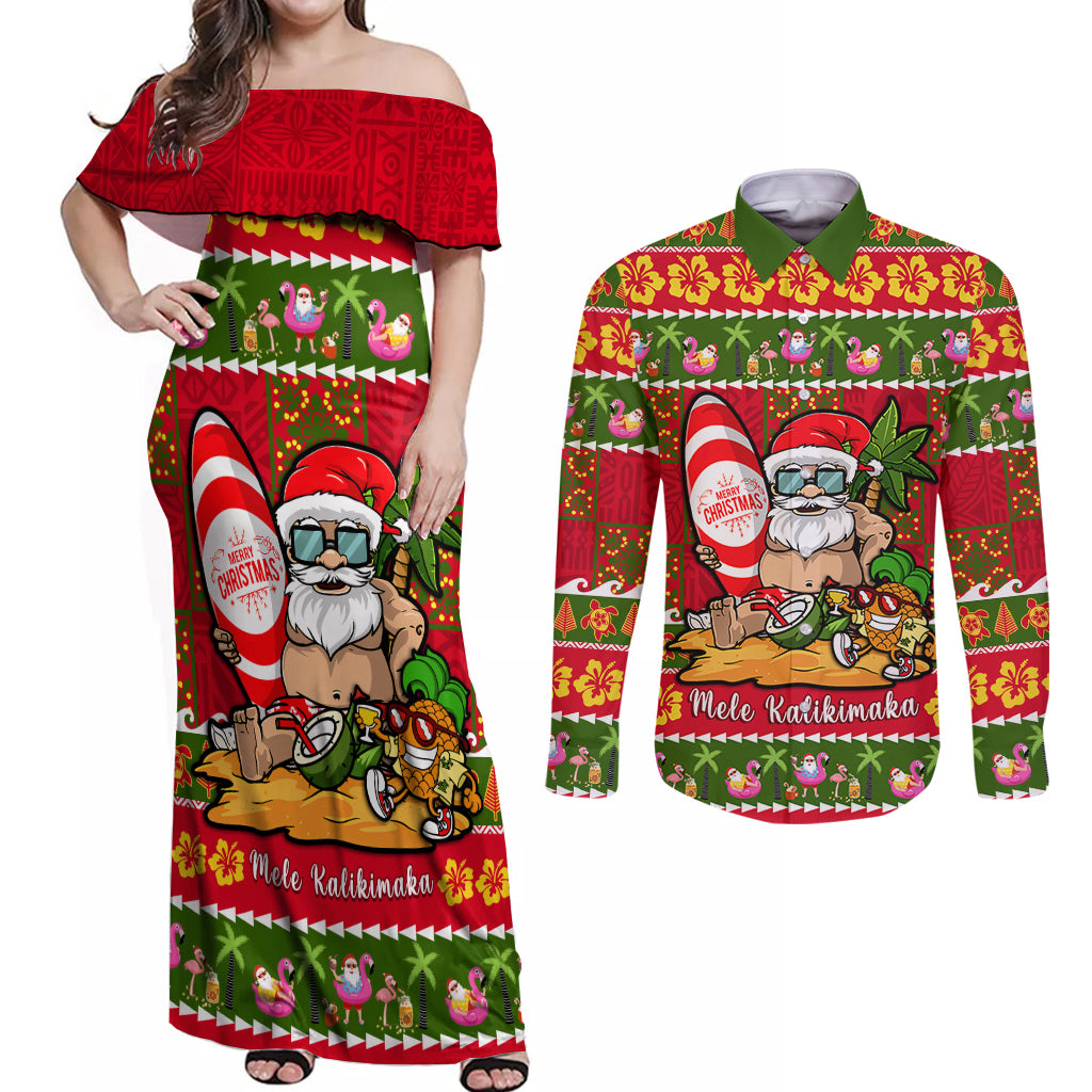 Personalised Hawaii Surfing Santa Christmas Couples Matching Off Shoulder Maxi Dress and Long Sleeve Button Shirt Tropical Pineapple Mele Kalikimaka Quilt Pattern LT14 Red - Polynesian Pride