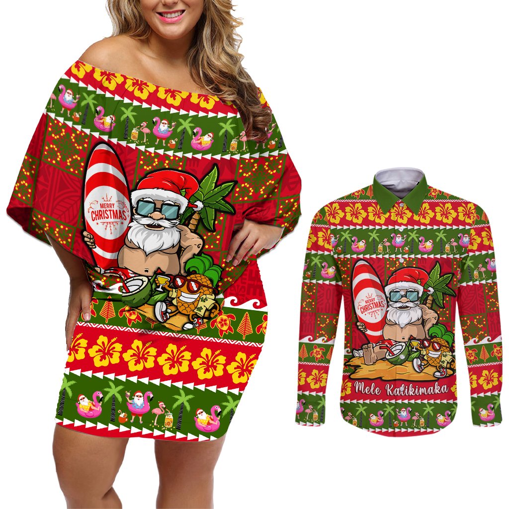 Personalised Hawaii Surfing Santa Christmas Couples Matching Off Shoulder Short Dress and Long Sleeve Button Shirt Tropical Pineapple Mele Kalikimaka Quilt Pattern LT14 Red - Polynesian Pride