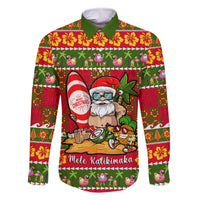 Personalised Hawaii Surfing Santa Christmas Family Matching Off Shoulder Long Sleeve Dress and Hawaiian Shirt Tropical Pineapple Mele Kalikimaka Quilt Pattern LT14 Dad's Shirt - Long Sleeve Red - Polynesian Pride