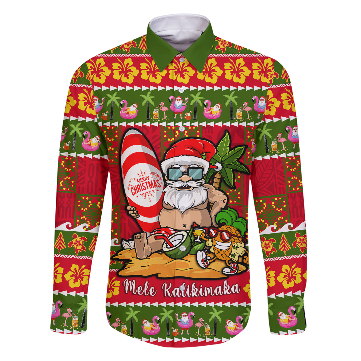 Personalised Hawaii Surfing Santa Christmas Family Matching Off Shoulder Maxi Dress and Hawaiian Shirt Tropical Pineapple Mele Kalikimaka Quilt Pattern LT14 Dad's Shirt - Long Sleeve Red - Polynesian Pride