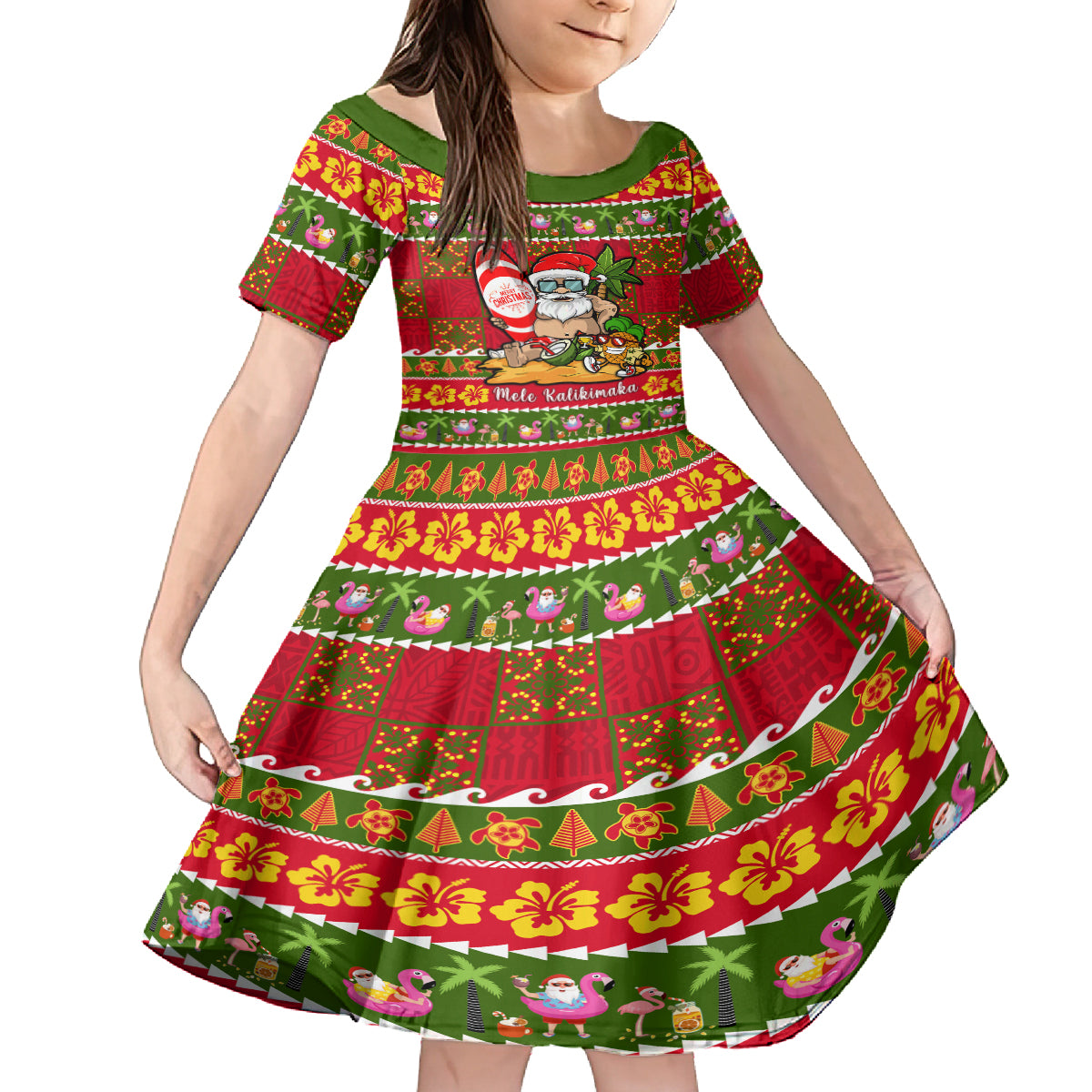 Personalised Hawaii Surfing Santa Christmas Kid Short Sleeve Dress Tropical Pineapple Mele Kalikimaka Quilt Pattern LT14 KID Red - Polynesian Pride