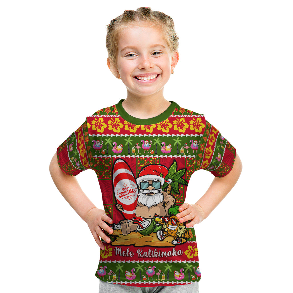Personalised Hawaii Surfing Santa Christmas Kid T Shirt Tropical Pineapple Mele Kalikimaka Quilt Pattern LT14 Red - Polynesian Pride