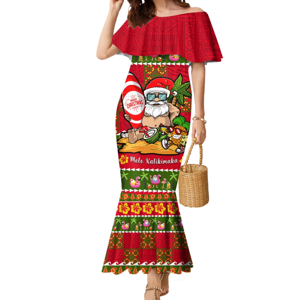 Personalised Hawaii Surfing Santa Christmas Mermaid Dress Tropical Pineapple Mele Kalikimaka Quilt Pattern LT14 Women Red - Polynesian Pride