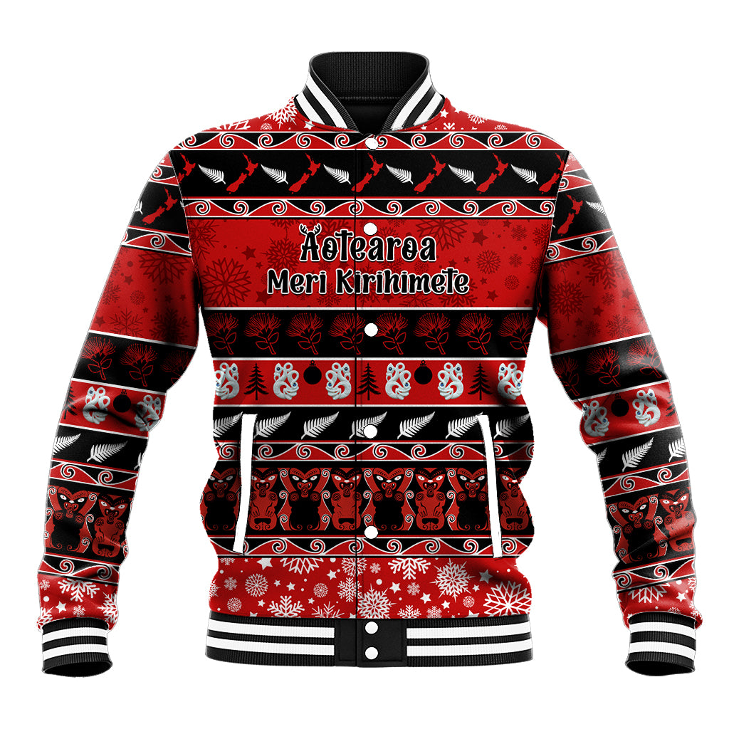 Personalised New Zealand Christmas Baseball Jacket Aotearoa Kiwi Meri Kirihimete Red Version LT14 Unisex Red - Polynesian Pride
