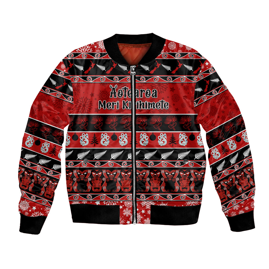 Personalised New Zealand Christmas Bomber Jacket Aotearoa Kiwi Meri Kirihimete Red Version LT14 Unisex Red - Polynesian Pride