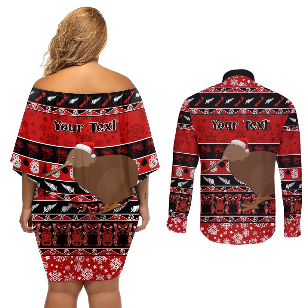 Personalised New Zealand Christmas Couples Matching Off Shoulder Short Dress and Long Sleeve Button Shirt Aotearoa Kiwi Meri Kirihimete Red Version LT14 - Polynesian Pride