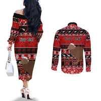 Personalised New Zealand Christmas Couples Matching Off The Shoulder Long Sleeve Dress and Long Sleeve Button Shirt Aotearoa Kiwi Meri Kirihimete Red Version LT14 - Polynesian Pride