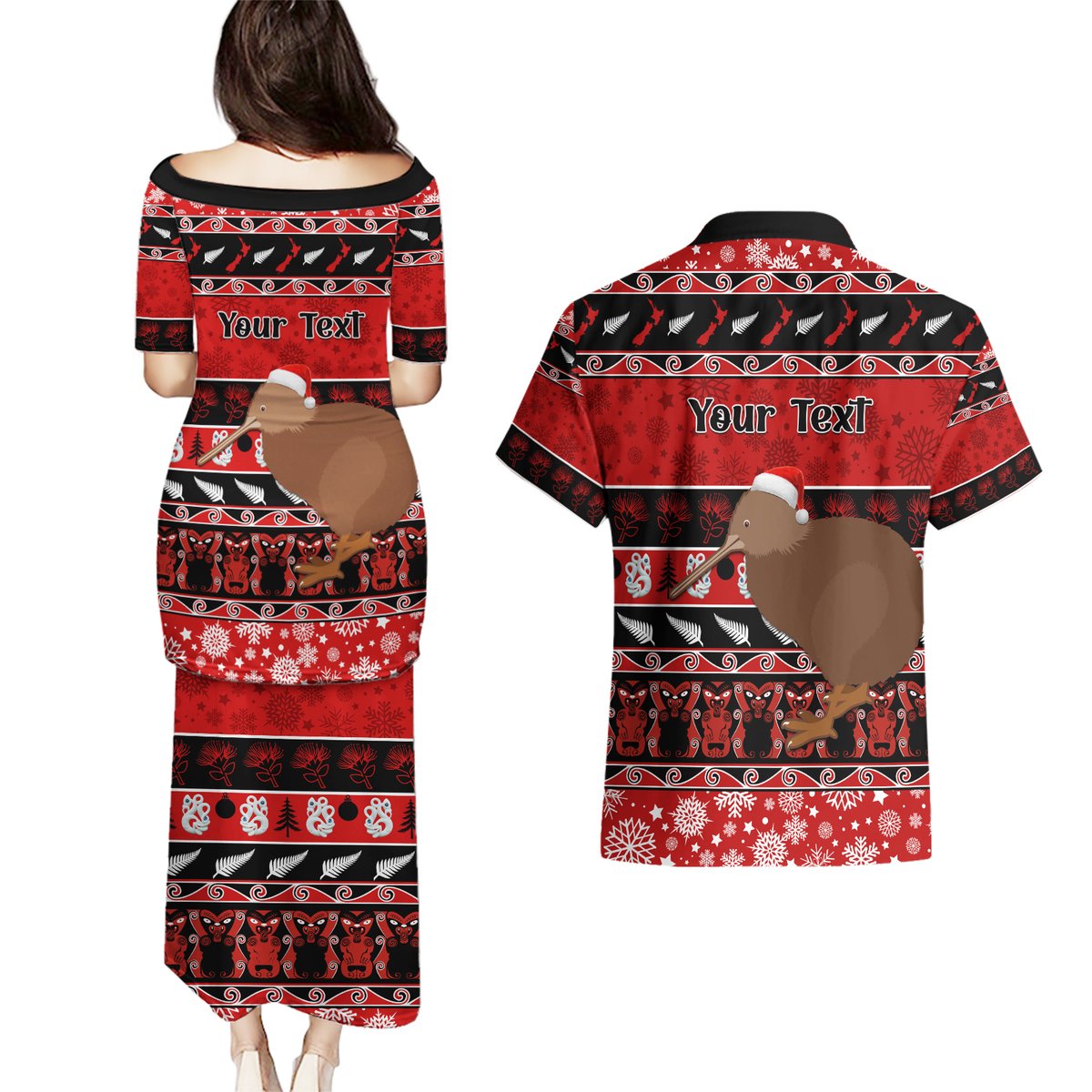 Personalised New Zealand Christmas Couples Matching Puletasi Dress and Hawaiian Shirt Aotearoa Kiwi Meri Kirihimete Red Version LT14 - Polynesian Pride