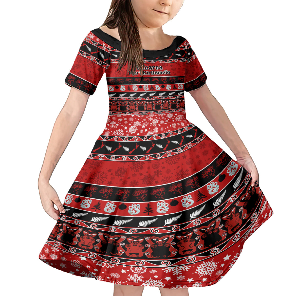Personalised New Zealand Christmas Family Matching Mermaid Dress and Hawaiian Shirt Aotearoa Kiwi Meri Kirihimete Red Version LT14 Daughter's Dress Red - Polynesian Pride