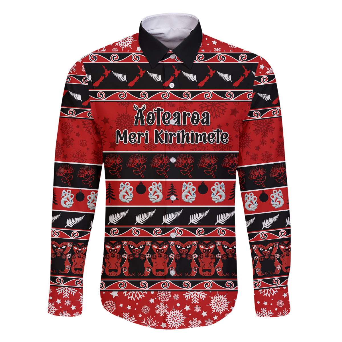 Personalised New Zealand Christmas Family Matching Off Shoulder Maxi Dress and Hawaiian Shirt Aotearoa Kiwi Meri Kirihimete Red Version LT14 Dad's Shirt - Long Sleeve Red - Polynesian Pride