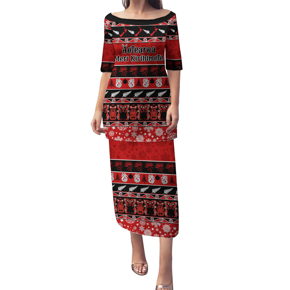 Personalised New Zealand Christmas Family Matching Puletasi Dress and Hawaiian Shirt Aotearoa Kiwi Meri Kirihimete Red Version LT14 Mom's Dress Red - Polynesian Pride
