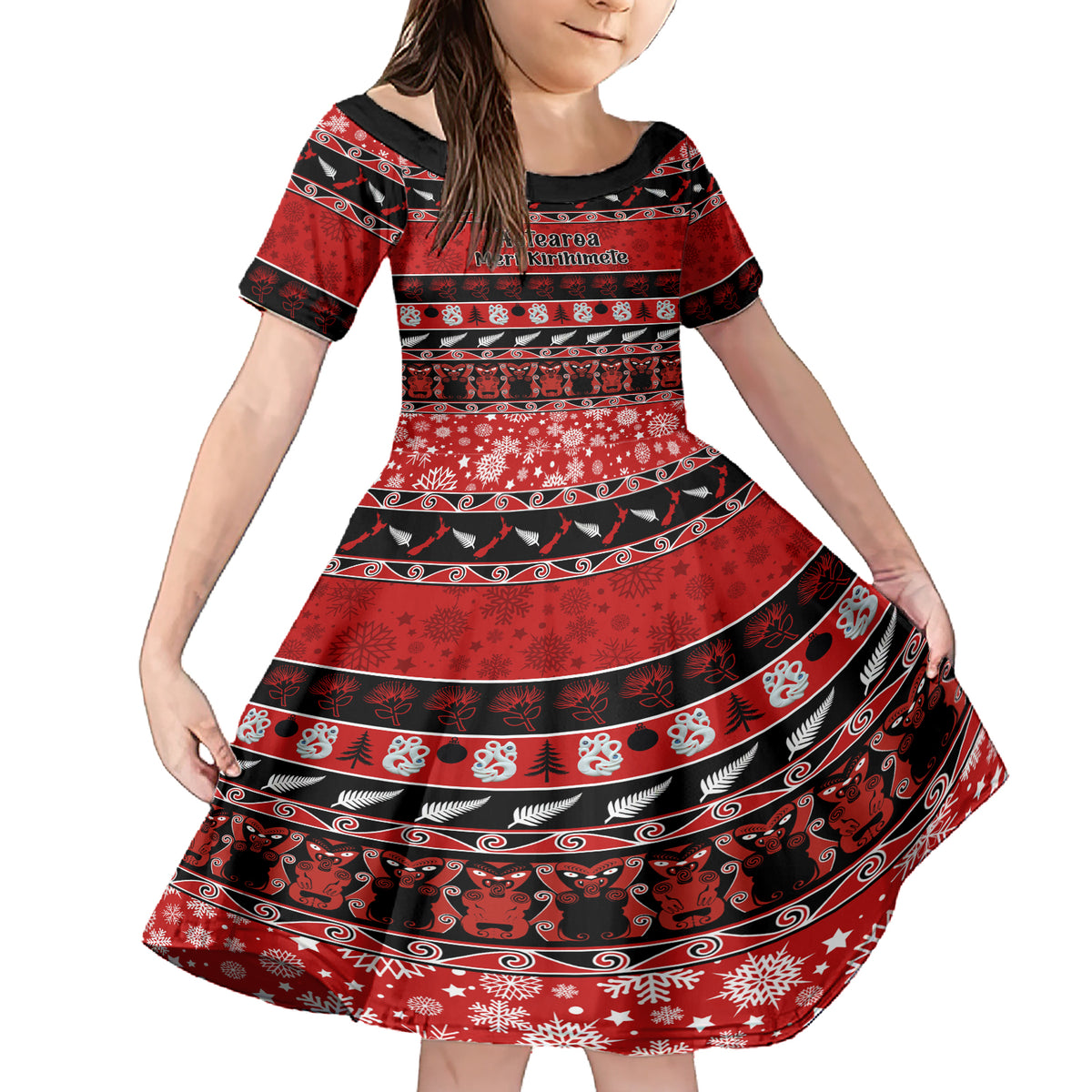 Personalised New Zealand Christmas Family Matching Short Sleeve Bodycon Dress and Hawaiian Shirt Aotearoa Kiwi Meri Kirihimete Red Version LT14 Daughter's Dress Red - Polynesian Pride