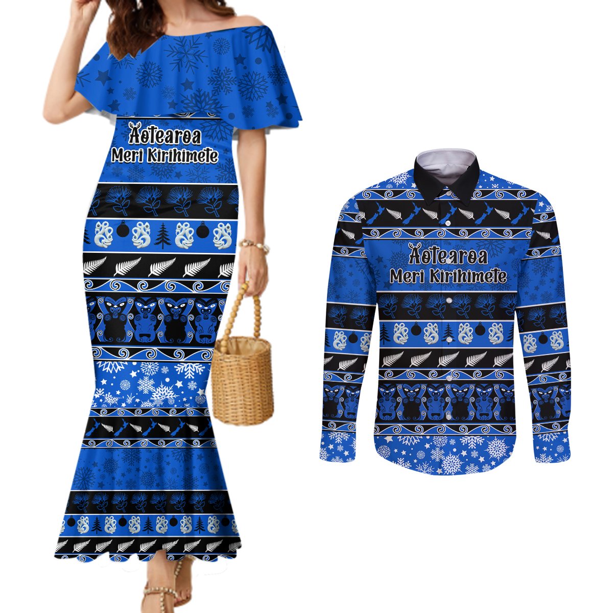 Personalised New Zealand Christmas Couples Matching Mermaid Dress and Long Sleeve Button Shirt Aotearoa Kiwi Meri Kirihimete Blue Version LT14 Blue - Polynesian Pride