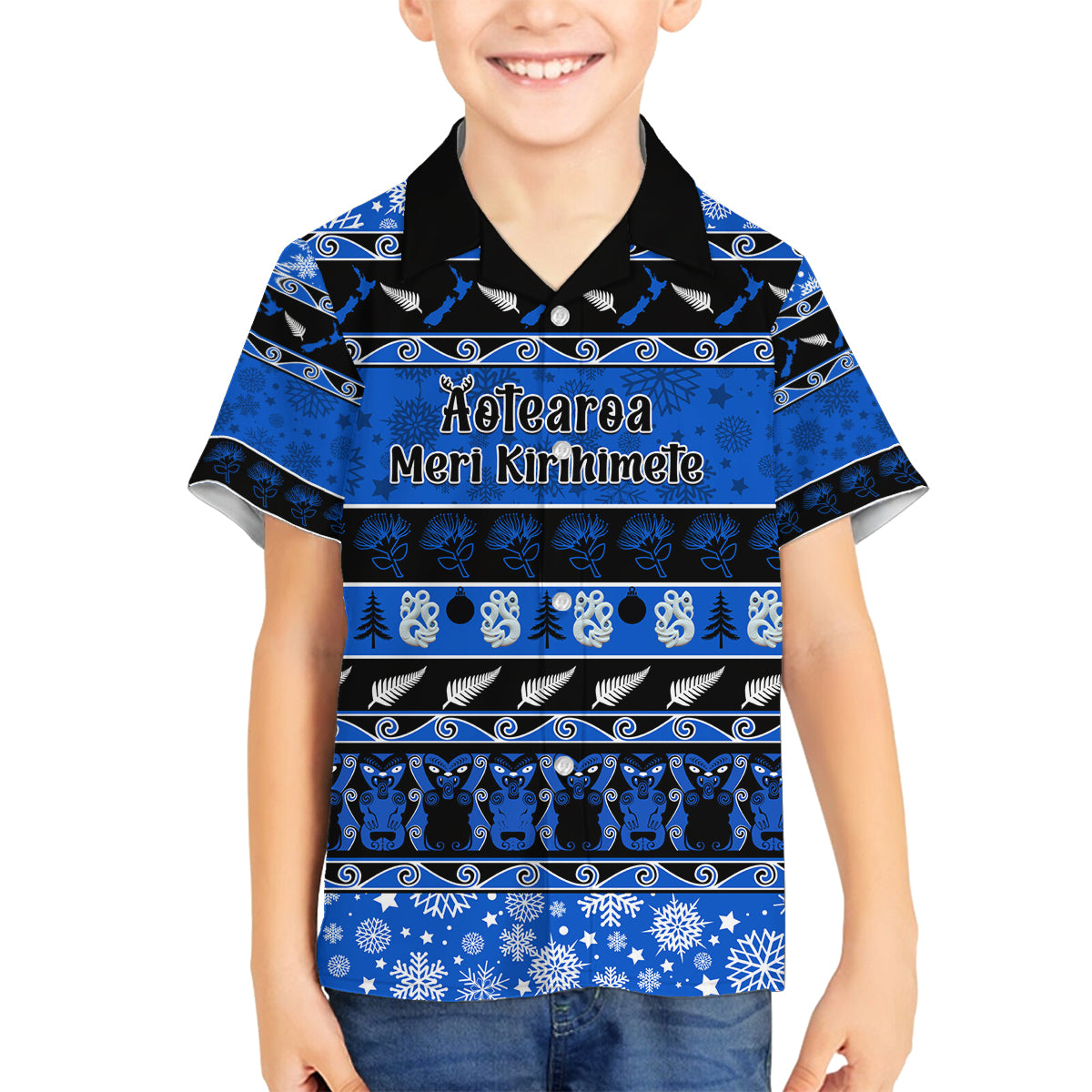 Personalised New Zealand Christmas Family Matching Off Shoulder Maxi Dress and Hawaiian Shirt Aotearoa Kiwi Meri Kirihimete Blue Version LT14 Son's Shirt Blue - Polynesian Pride