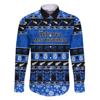 Personalised New Zealand Christmas Family Matching Off Shoulder Short Dress and Hawaiian Shirt Aotearoa Kiwi Meri Kirihimete Blue Version LT14 Dad's Shirt - Long Sleeve Blue - Polynesian Pride