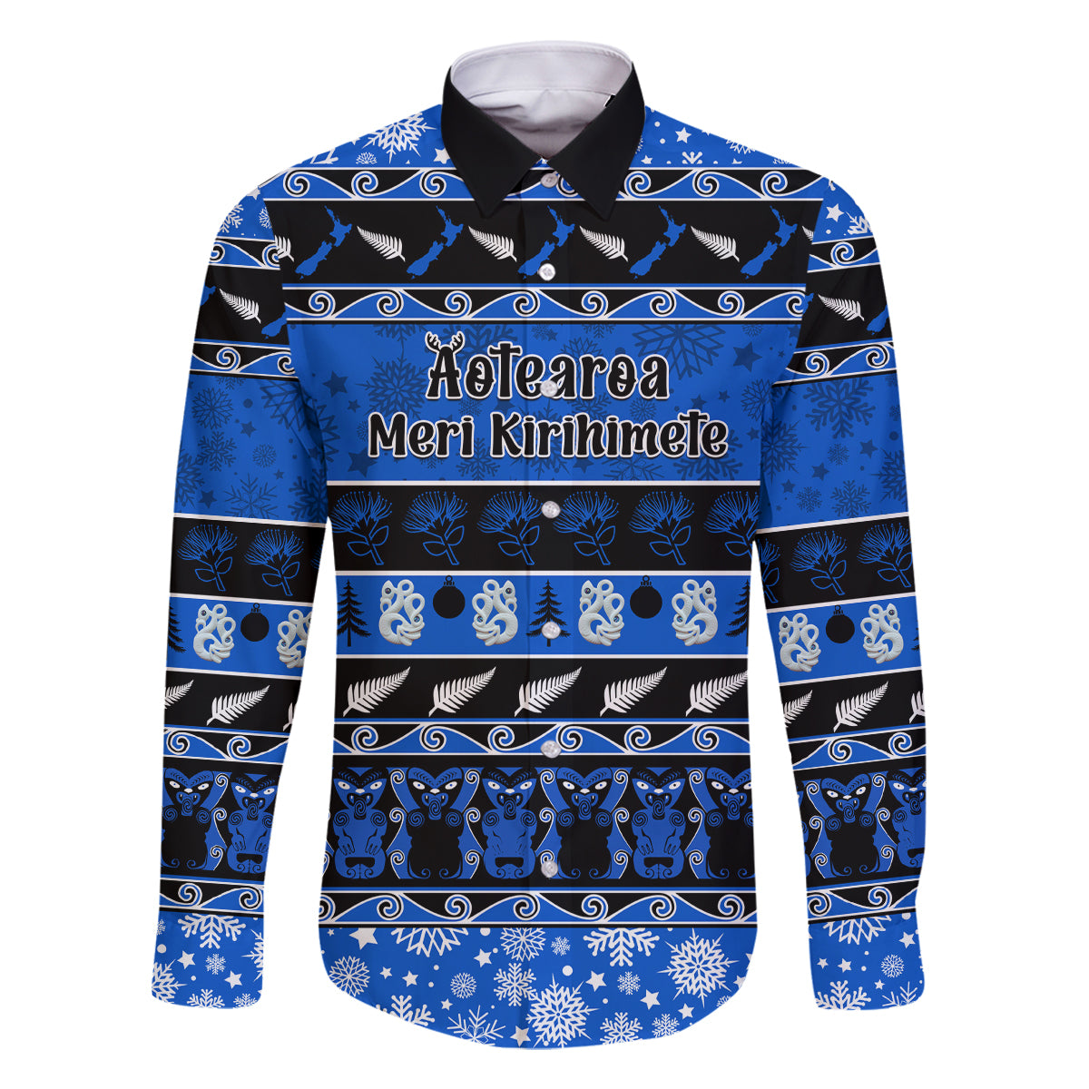 Personalised New Zealand Christmas Family Matching Tank Maxi Dress and Hawaiian Shirt Aotearoa Kiwi Meri Kirihimete Blue Version LT14 Dad's Shirt - Long Sleeve Blue - Polynesian Pride