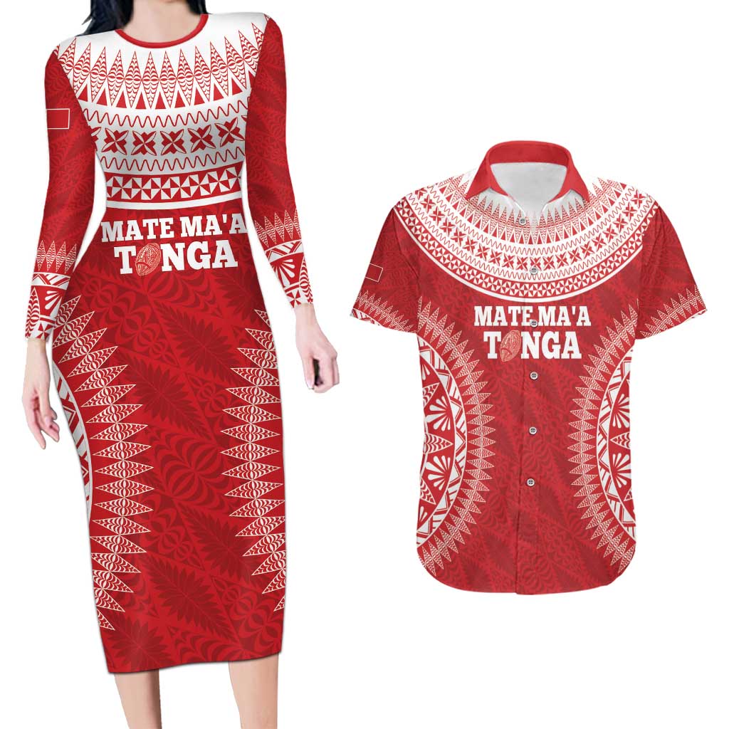 Custom Tonga Mate Maa Couples Matching Long Sleeve Bodycon Dress and Hawaiian Shirt Go Champions Tongan Ngatu - Red LT14 Red - Polynesian Pride