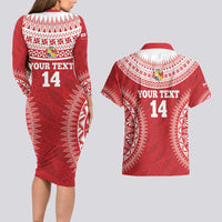 Custom Tonga Mate Maa Couples Matching Long Sleeve Bodycon Dress and Hawaiian Shirt Go Champions Tongan Ngatu - Red LT14 - Polynesian Pride