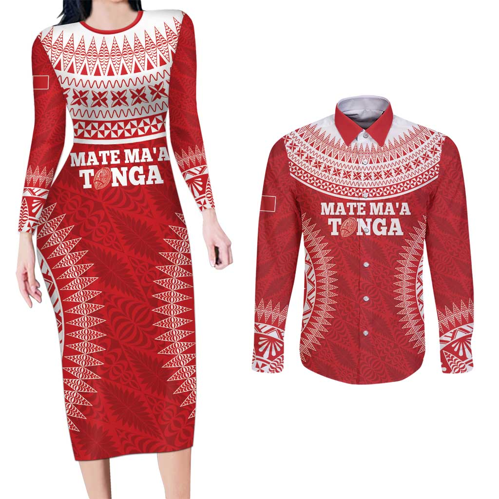 Custom Tonga Mate Maa Couples Matching Long Sleeve Bodycon Dress and Long Sleeve Button Shirt Go Champions Tongan Ngatu - Red LT14 Red - Polynesian Pride