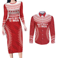 Custom Tonga Mate Maa Couples Matching Long Sleeve Bodycon Dress and Long Sleeve Button Shirt Go Champions Tongan Ngatu - Red LT14 Red - Polynesian Pride