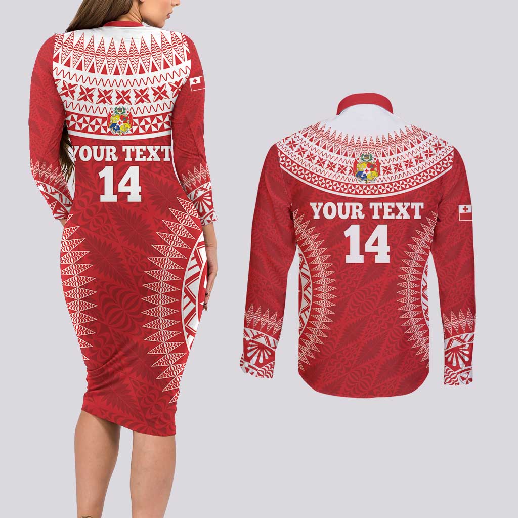 Custom Tonga Mate Maa Couples Matching Long Sleeve Bodycon Dress and Long Sleeve Button Shirt Go Champions Tongan Ngatu - Red LT14 - Polynesian Pride