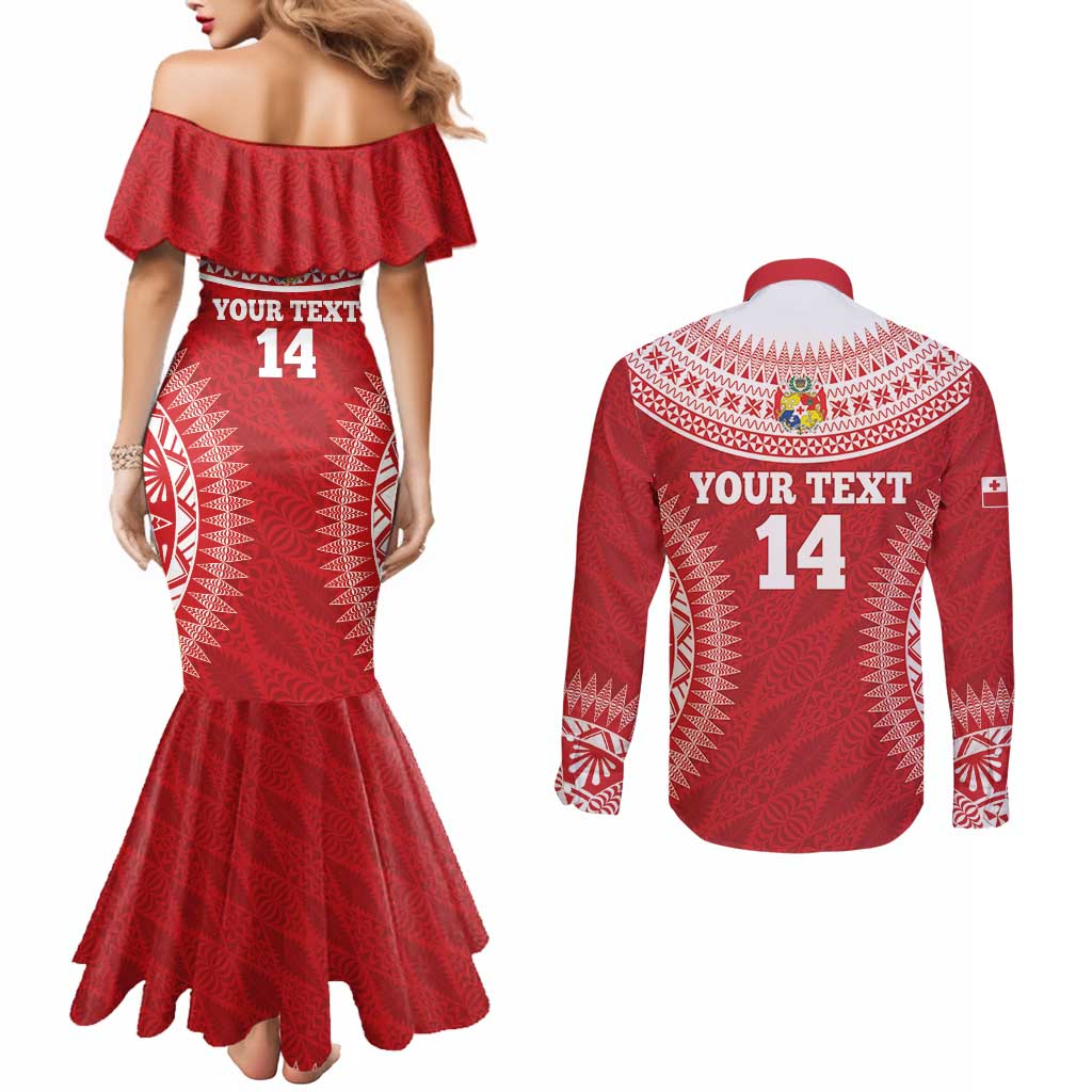 Custom Tonga Mate Maa Couples Matching Mermaid Dress and Long Sleeve Button Shirt Go Champions Tongan Ngatu - Red LT14 - Polynesian Pride