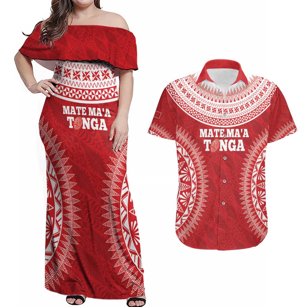 Custom Tonga Mate Maa Couples Matching Off Shoulder Maxi Dress and Hawaiian Shirt Go Champions Tongan Ngatu - Red LT14 Red - Polynesian Pride