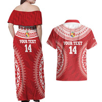 Custom Tonga Mate Maa Couples Matching Off Shoulder Maxi Dress and Hawaiian Shirt Go Champions Tongan Ngatu - Red LT14 - Polynesian Pride