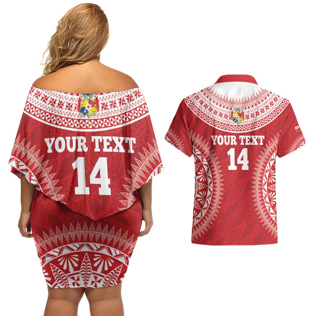 Custom Tonga Mate Maa Couples Matching Off Shoulder Short Dress and Hawaiian Shirt Go Champions Tongan Ngatu - Red LT14 - Polynesian Pride